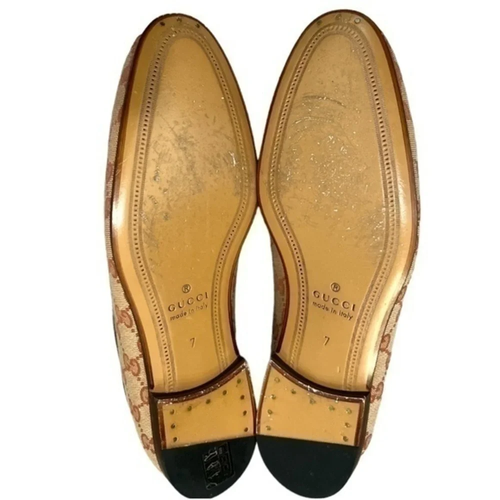 GUCCI Men’s Jordaan Brown GG Canvas Logo Horsebit Loafers Size 7